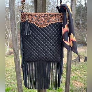 Black Quilted Crossbody Bag with Fringe